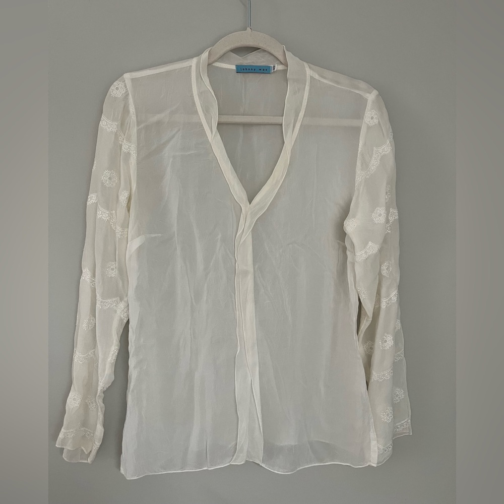 Johnny Was Sheer Blouse with Embroidered Long Sleeves